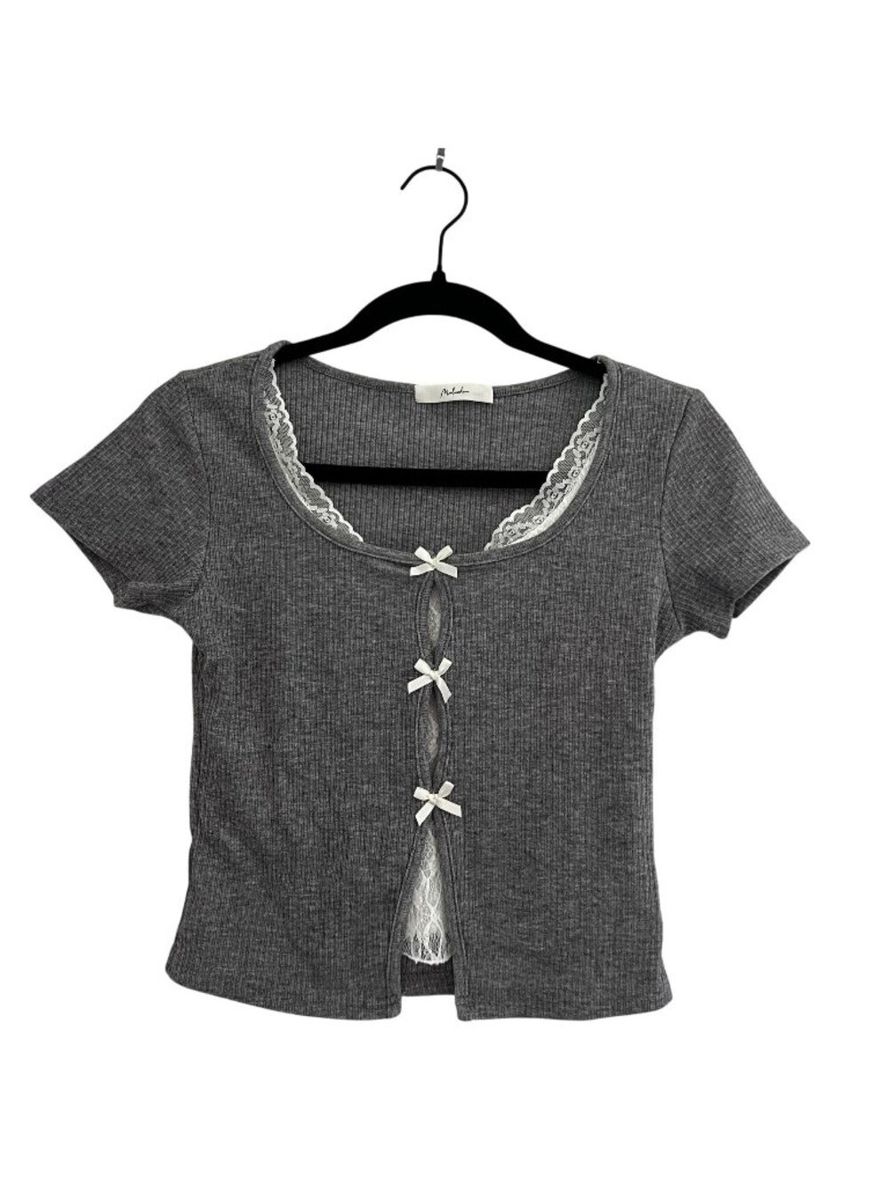 Grey Ribbed Short-Sleeve Top With Bow & Lace Detailing, Whimsy Girly Feminine